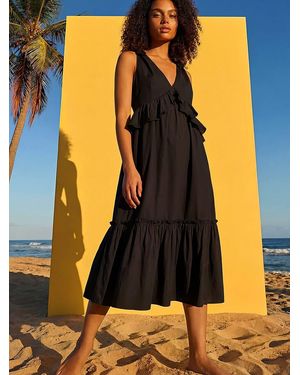 Roman Bow Detail Poplin Midi Dress - Black