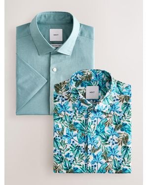 Next Regular Fit Cotton Linen Blend Short Sleeve Smart Shirts 2 Pack - Blue