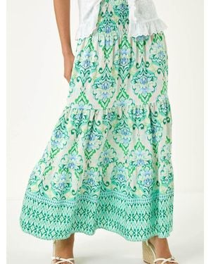 Roman Print Tiered Maxi Skirt - Green