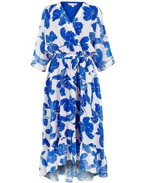 Yumi' Kimono Sleeves Midi Dip Hem Wrap Midi Dress - Blue