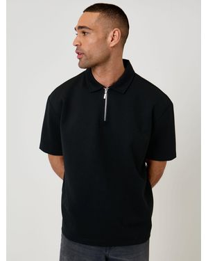 Threadbare Oversized Quarter Zip Polo Shirt - Black