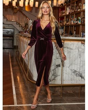 Sosandar Luxe Velvet Belted Wrap Front Dress - Brown