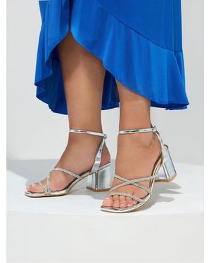 Yours Curve Yours Curve Extra Wide Fit Eee Diamante Asymmetric Block Sandals - Blue