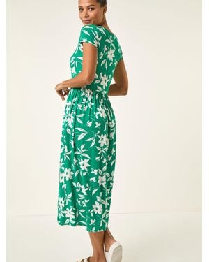 Roman Floral Print Pocket Midi Dress - Green