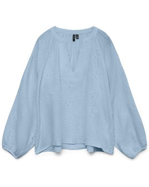 Vero Moda Vero Moda Long Sleeve V-Neck Broderie Detail Top - Blue