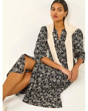 Roman Printed V-Neck Midi Dress - Black