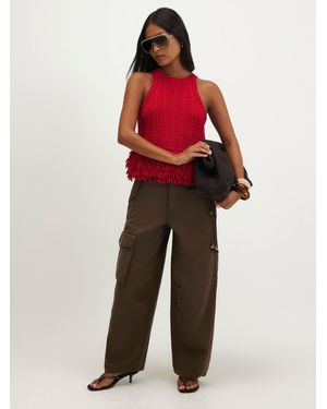 River Island Petite Mid Rise Barrel Leg Cargo Trousers - Red