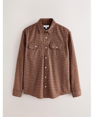 Next Twin Pocket Long Sleeve Check Shirt - Brown