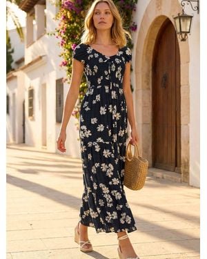 Roman Shirred Floral Sweetheart Midi Dress - Brown