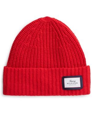 Tommy Hilfiger Pure Wool Chunky Rib-Knit Beanie - Red
