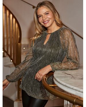 Sosandar Metallic Plisse Keyhole Tunic - Brown