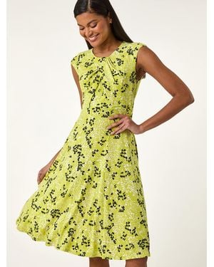 Roman Ditsy Floral Keyhole Twist Dress - Yellow