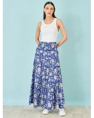 Yumi' Cotton Tiered Boho Maxi Skirt - Blue