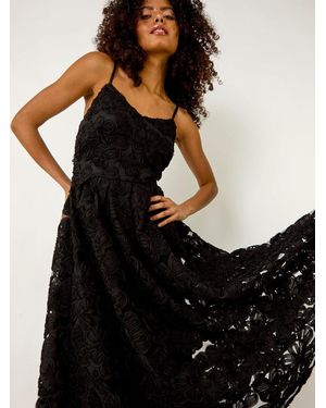 Roman Floral V-Neck Strap Midi Dress - Black