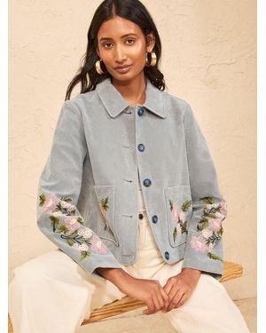 Love & Roses Suedette Jacket With Floral Embroidery - Gray