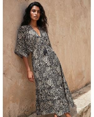 Roman Boho Floral Print V-Neck Maxi Dress - Black