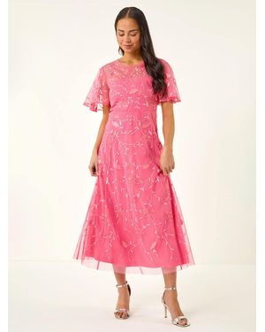 Roman Petite Embroidered Mesh Midi Dress - Pink