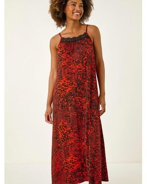 Roman Abstract Print Trim Detail Midi Dress - Red