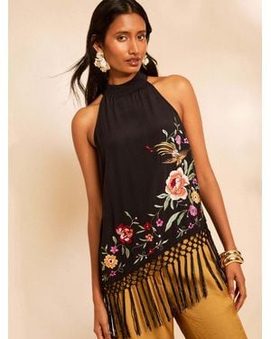 Love & Roses Love & Roses X Rhs Embroidered Fringe Halter Neck Top - Black
