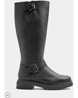 Evans Leather Double Buckle Knee High Boots - Black