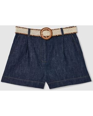 Reiss Beau - Indigo Cotton-linen Belted Shorts, Us 10 - Blue