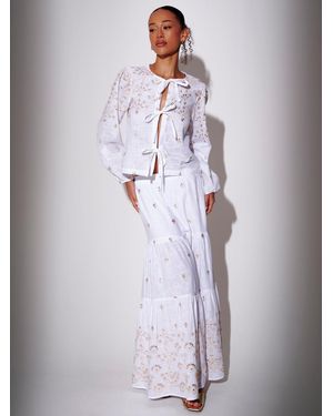 South Beach Embroidered Mirror Disc Detail Tiered Maxi Skirt - White