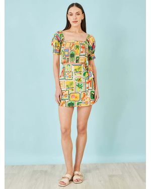 Yumi' Postcard Print Cotton Wrap Skirt - Blue