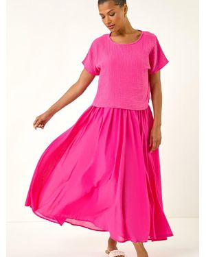 Roman Cotton Top Overlay Midi Dress - Pink