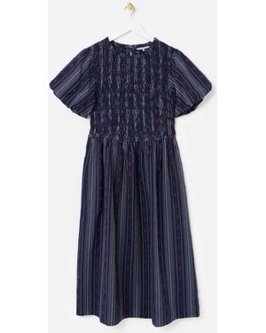 Oliver Bonas Striped Floral Jacquard Shirred Bodice Midi Dress - Blau