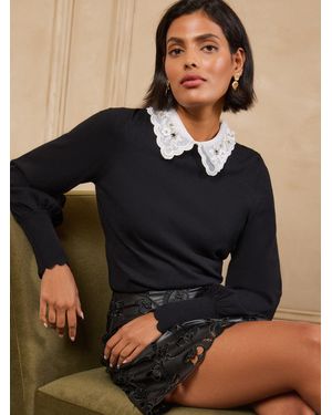 Love & Roses Embellished Collared Knitted Top - Black