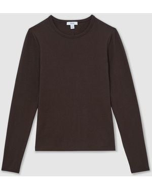 Reiss Chocolate Jada Cotton Crew-Neck Long-Sleeve T-Shirt With Stretch - Brown
