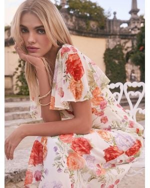 Lipsy Printed Chiffon Flutter Sleeve Woven Midi Dress - Red