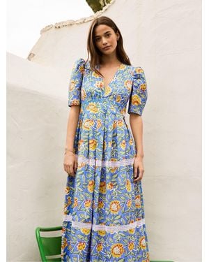 Ro & Zo Petite Floral Print Trim Insert Dress - Blue