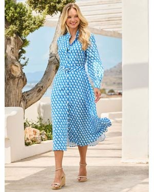 Sosandar Geometric Print Belted Jacquard Shirt Dress - Blue