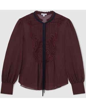 Reiss Sara Lace-Embroidered Tie-Neck Shirt - Purple