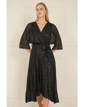Yumi' Sequin Kimono Midi Wrap Dress - Black