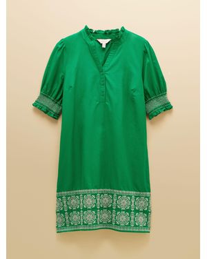 Joules Layla Short Sleeved Broderie Trim Mini Dress - Green