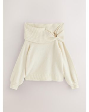Next Ecru Bardot Brooch Off Shoulder Knitted Sweater - Natural