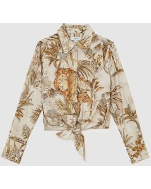 Reiss Cece Cotton Safari-Print Tie-Front Shirt - White