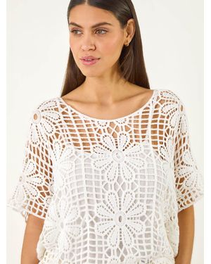 Roman Floral Crochet Knit Top - White