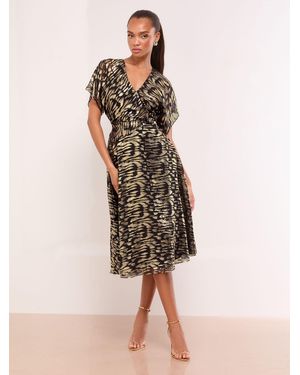 Lipsy Petite Metallic Printed V-Neck Fit And Flare Midi Dress - Natural