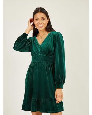 Yumi' Velvet Long Sleeve Skater Dress - Green