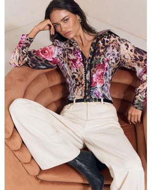 Lipsy Leopard Floral Print Fitted Lace Trim Shirt - Brown