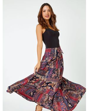 Roman Boho Floral Shirred Waist Maxi Skirt - White