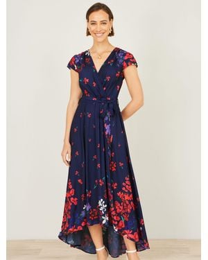 Yumi' Floral Mirror Wrap Dress With Dip Hem Dress - Blue