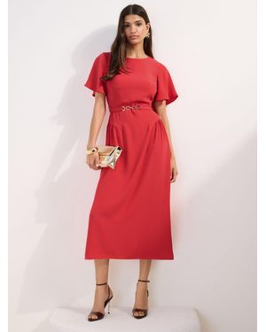 Friends Like These Belted Flutter Sleeve Midi Dress - Red