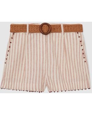 Reiss Coral & Linen-Blend Stripe Belted Shorts - Multicolor