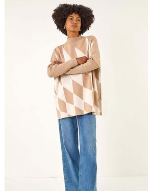 Roman Geometric Plaid Knit Poncho - Blue