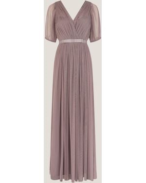 Monsoon Ellie V-Neck Sheer Sleeve Plunge Tulle Maxi Dress - Pink