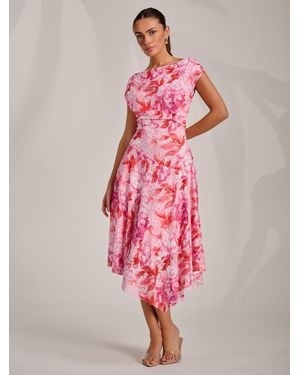 Jolie Moi Asymmetric Printed Lace Draped Dress - Pink